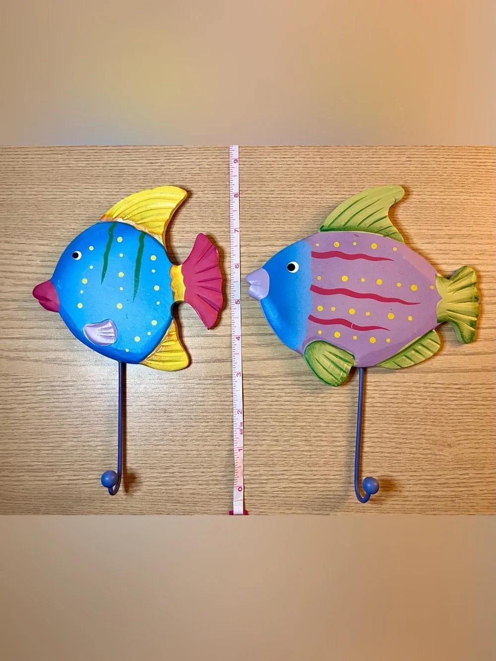 Set of 2 Tropical Fish Wall Hooks Wooden Colorful Beach House Towel Hangers 8